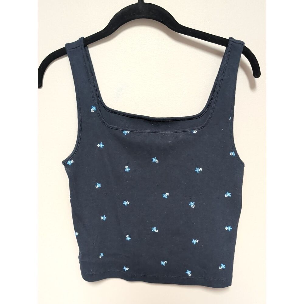 Old Navy Navy Blue Floral-Accented Square Neck Tank